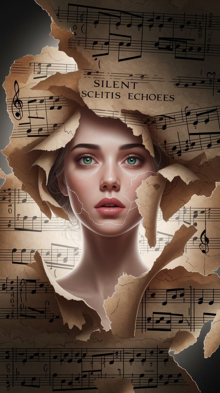 Ethereal Woman Emerging from Fragmented Sheet Music