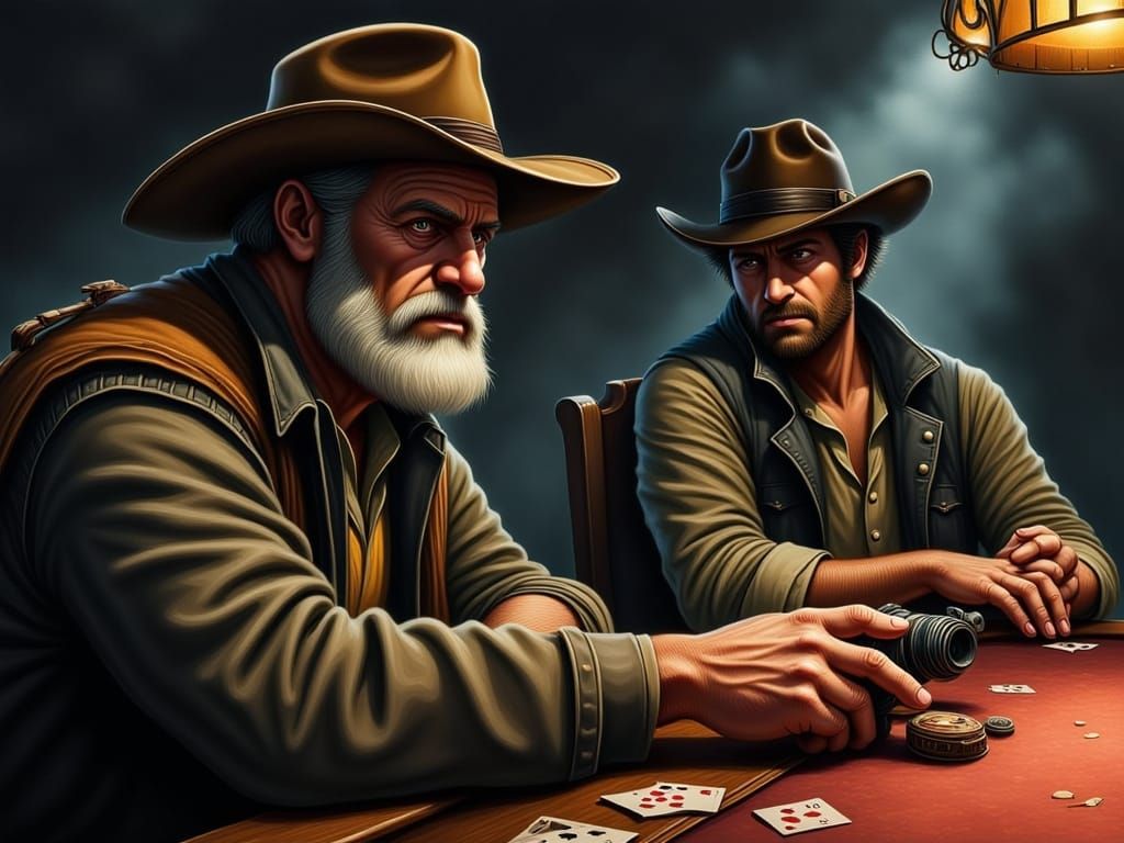 Gritty Saloon Scene: Tense Poker Game in a Smoky, Old West T...