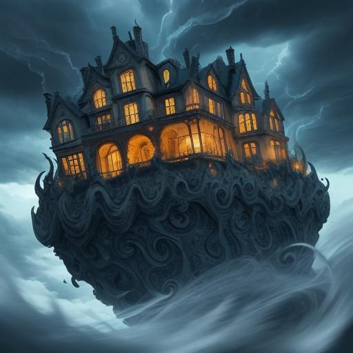 Surrealist House Chases Figure in Stormy Landscape