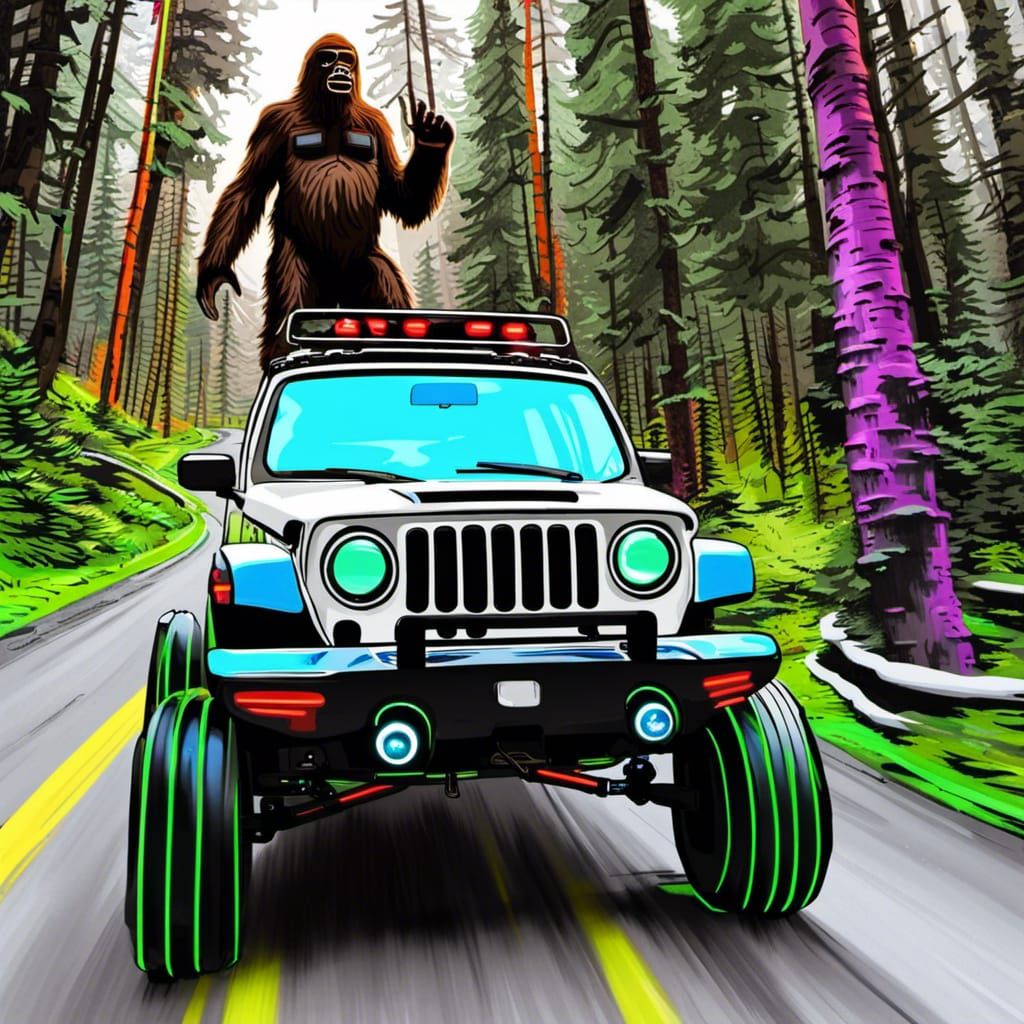 sasquatch driving a white 1982 jeep renegade in a neon forest retrofuturism