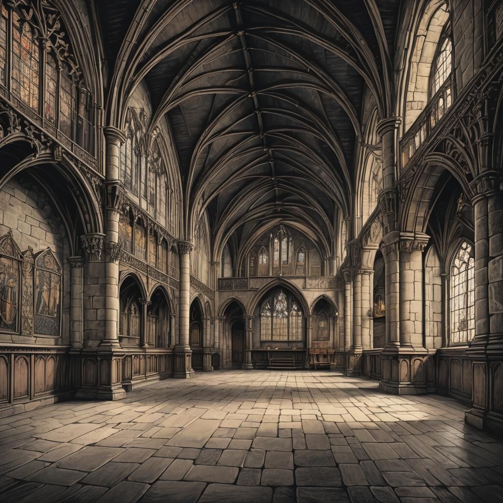 Medieval Hall Line Drawing in Dark Castle