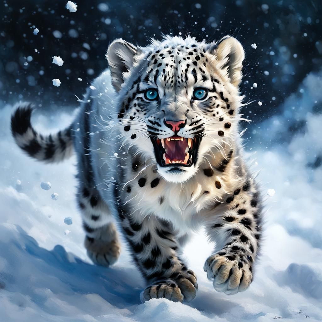 Snow Leopard Cub Running in Snow, Matte Painting