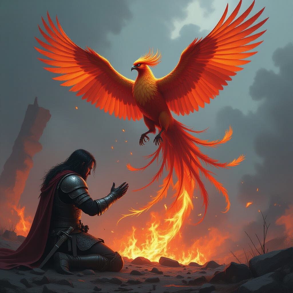 Phoenix Revives Warrior on Battlefield: Dark Fantasy Art
