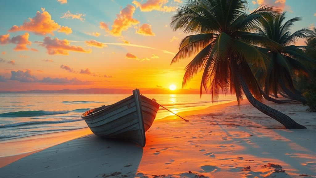 Sunset Beach Boat in Impressionistic Style