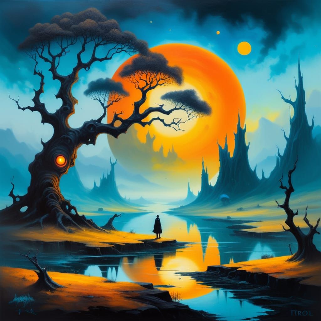 Shadowy Creatures in a Dreamlike Surrealist Landscape