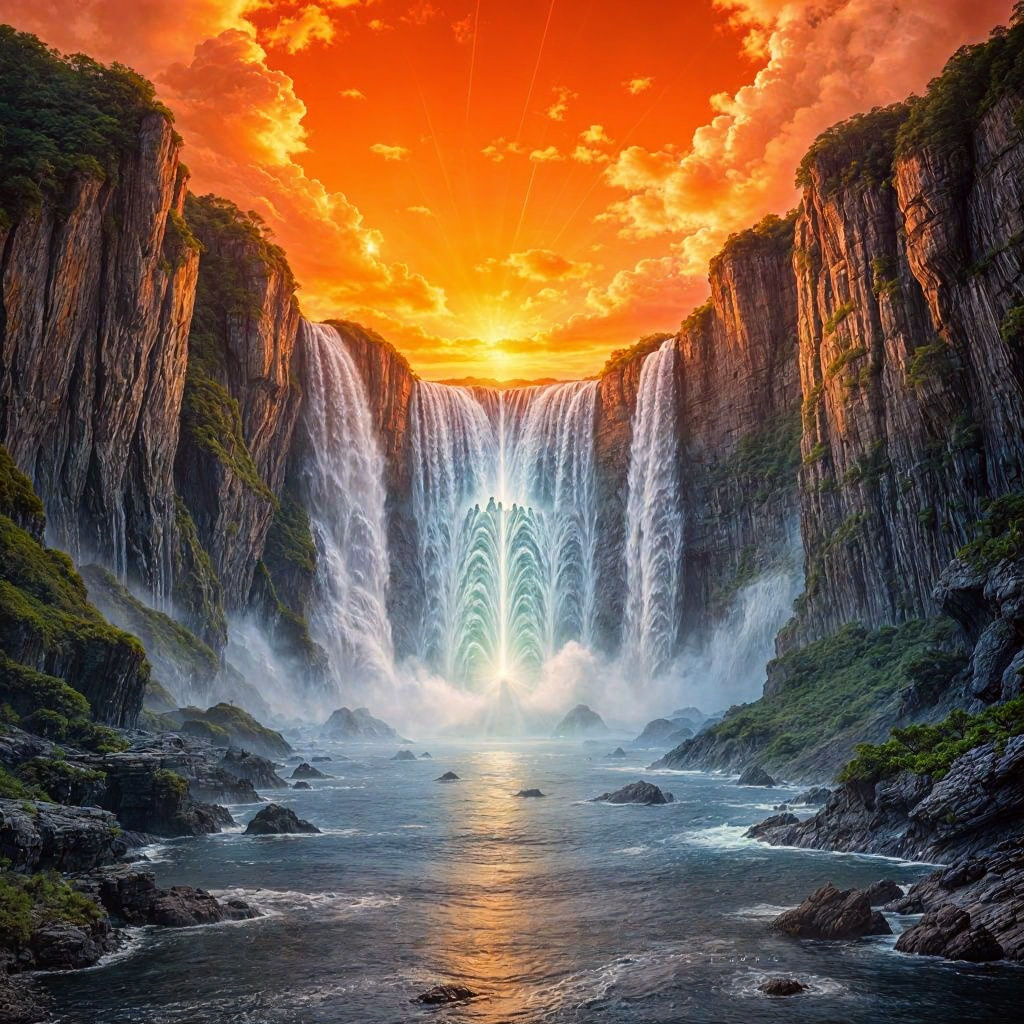 Glowing Waterfall on Alien Planet with Ancient Hieroglyphs