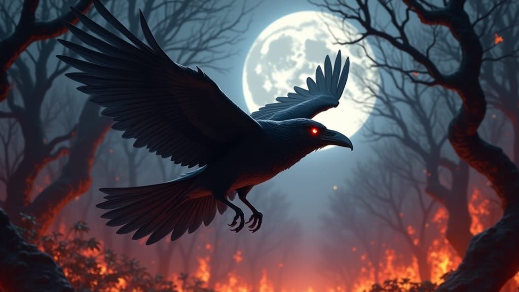 Majestic Raven Silhouetted Against Burning Forest