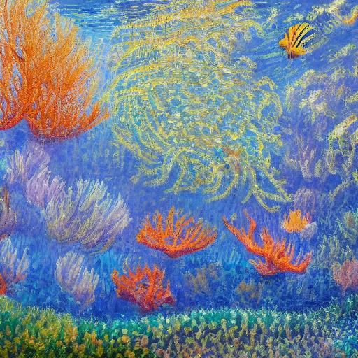 Sea Mice Explore Coral Reef in Impressionist Style