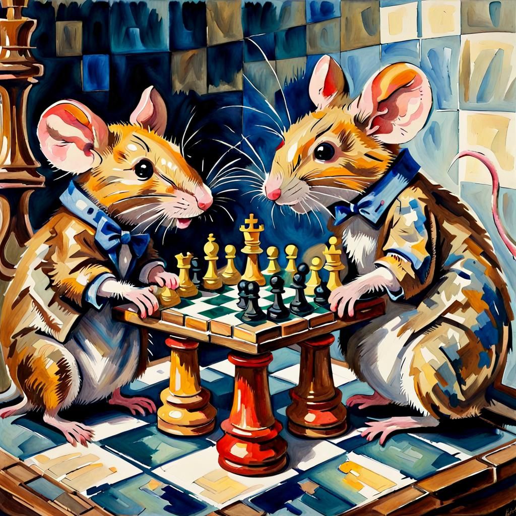 Mice Playing Chess in Gouache Watercolor Style