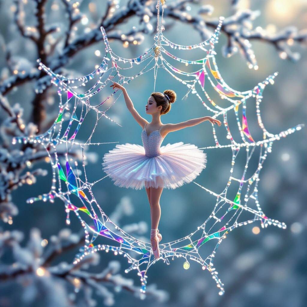 Crystallized Ballerina Dances on Rainbow Web