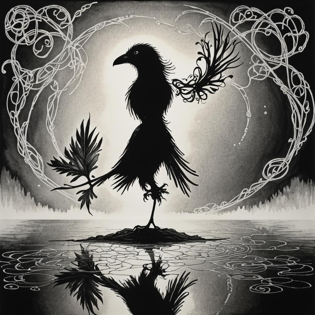 Celtic Raven Silhouette in Crayon and Ink