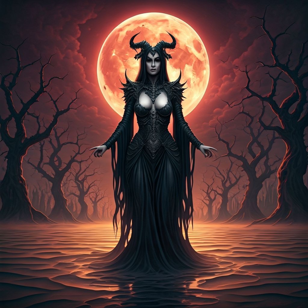 Gothic Demoness in Cursed Wasteland Under Blood Moon
