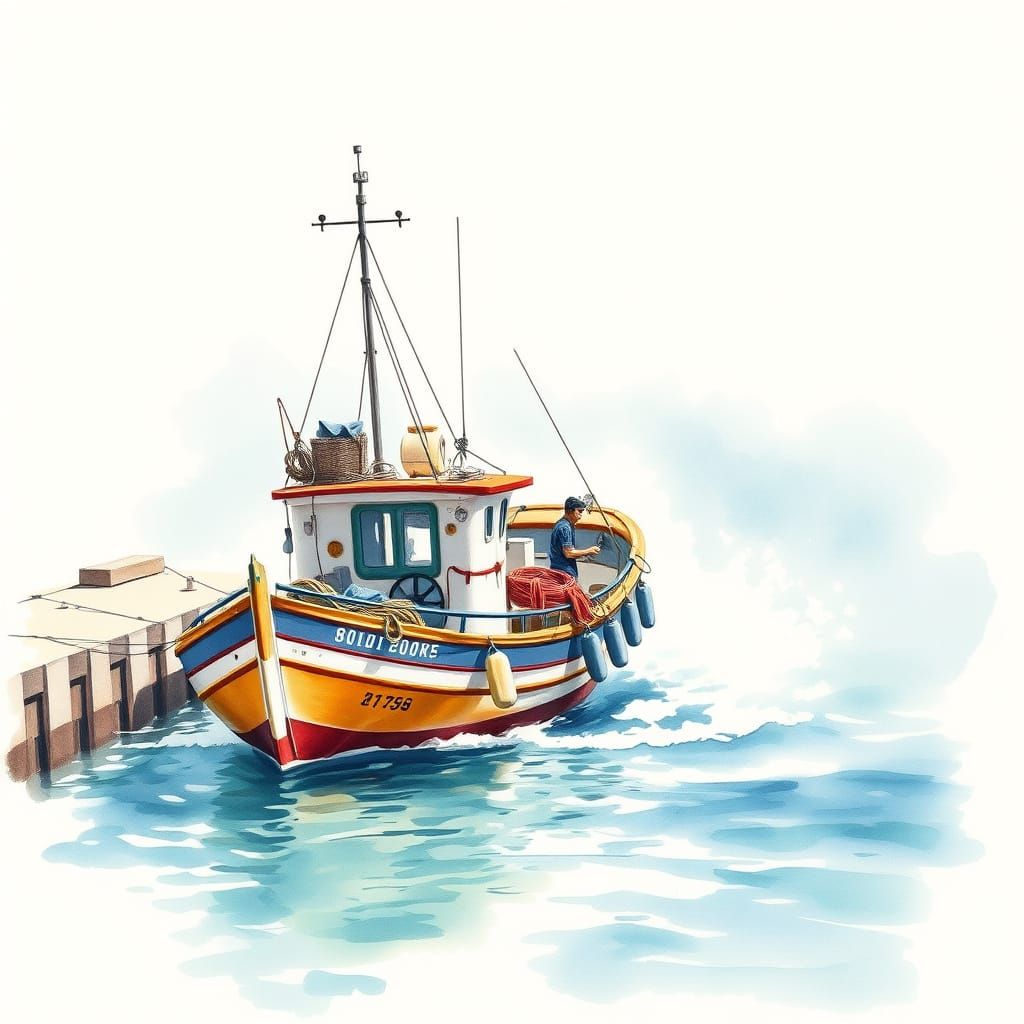Greek Fishing Boat Watercolor on a Sunny Day