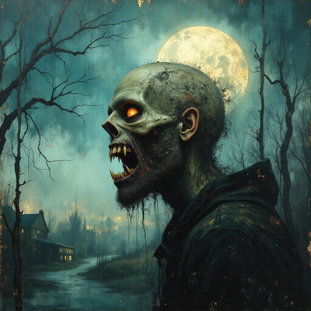 Horrifying Zombie Portrait Under Harvest Moon