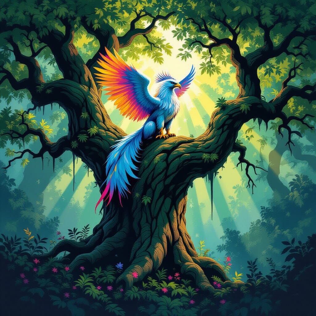 Majestic Griffin Perched on Ancient Oak in Enchanted Woodlan...