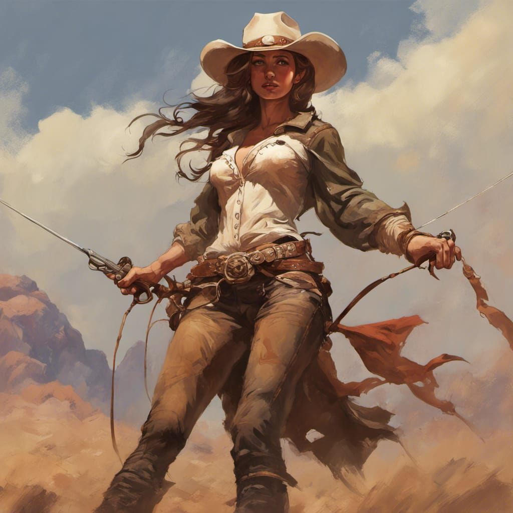 Cowgirl Lassos Bad Guy in Romantic Fantasy Art