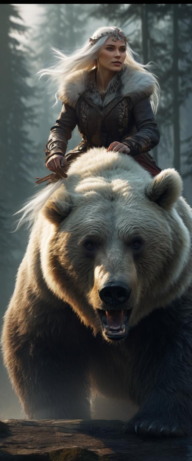 Slavic Girl Rides Bear in Detailed Realism