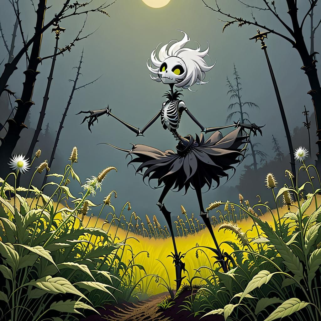 Anthropomorphic Weeds Dancing in Dark Surrealist Style