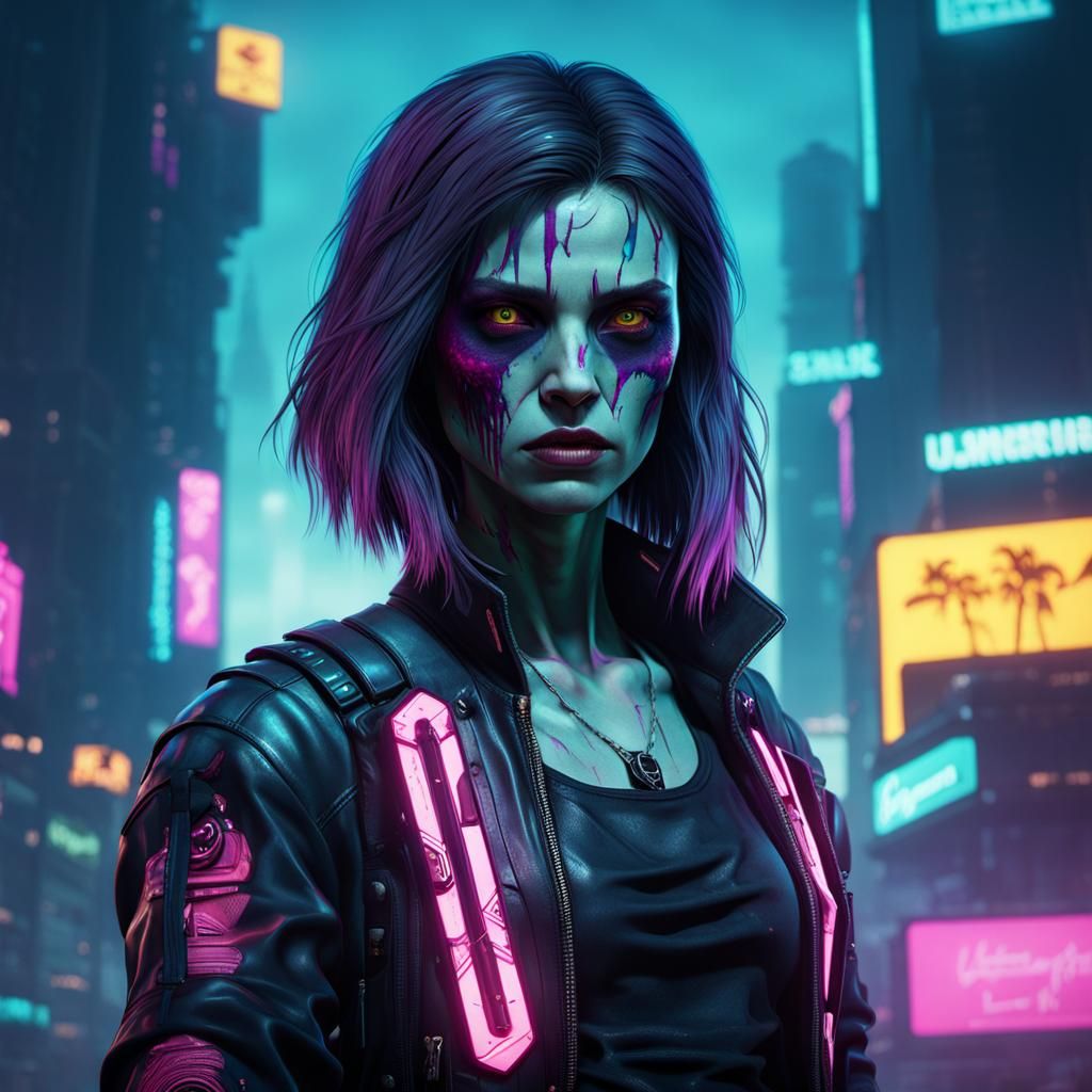 Cyberpunk Zombie Woman in Neon Cityscape