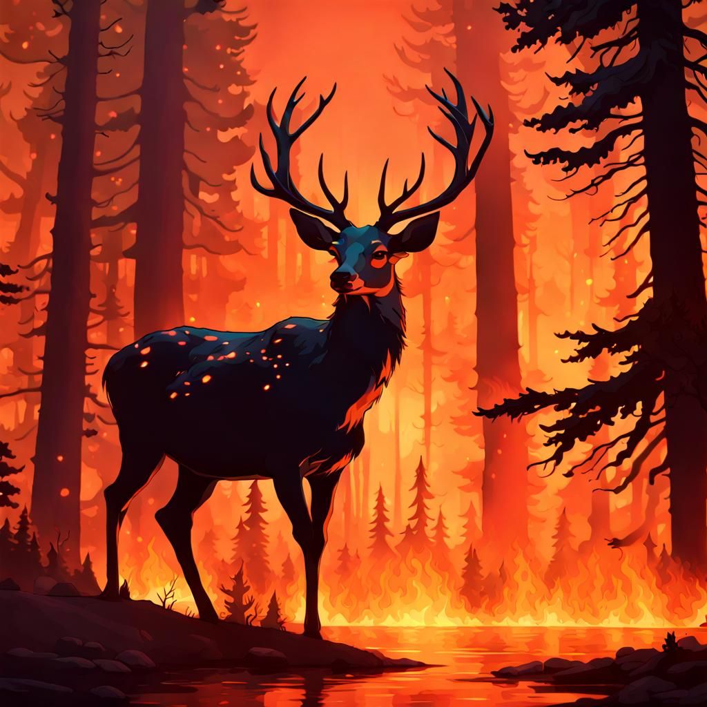 Deer Silhouette in Forest Fire, Hyperdetailed Concept Art