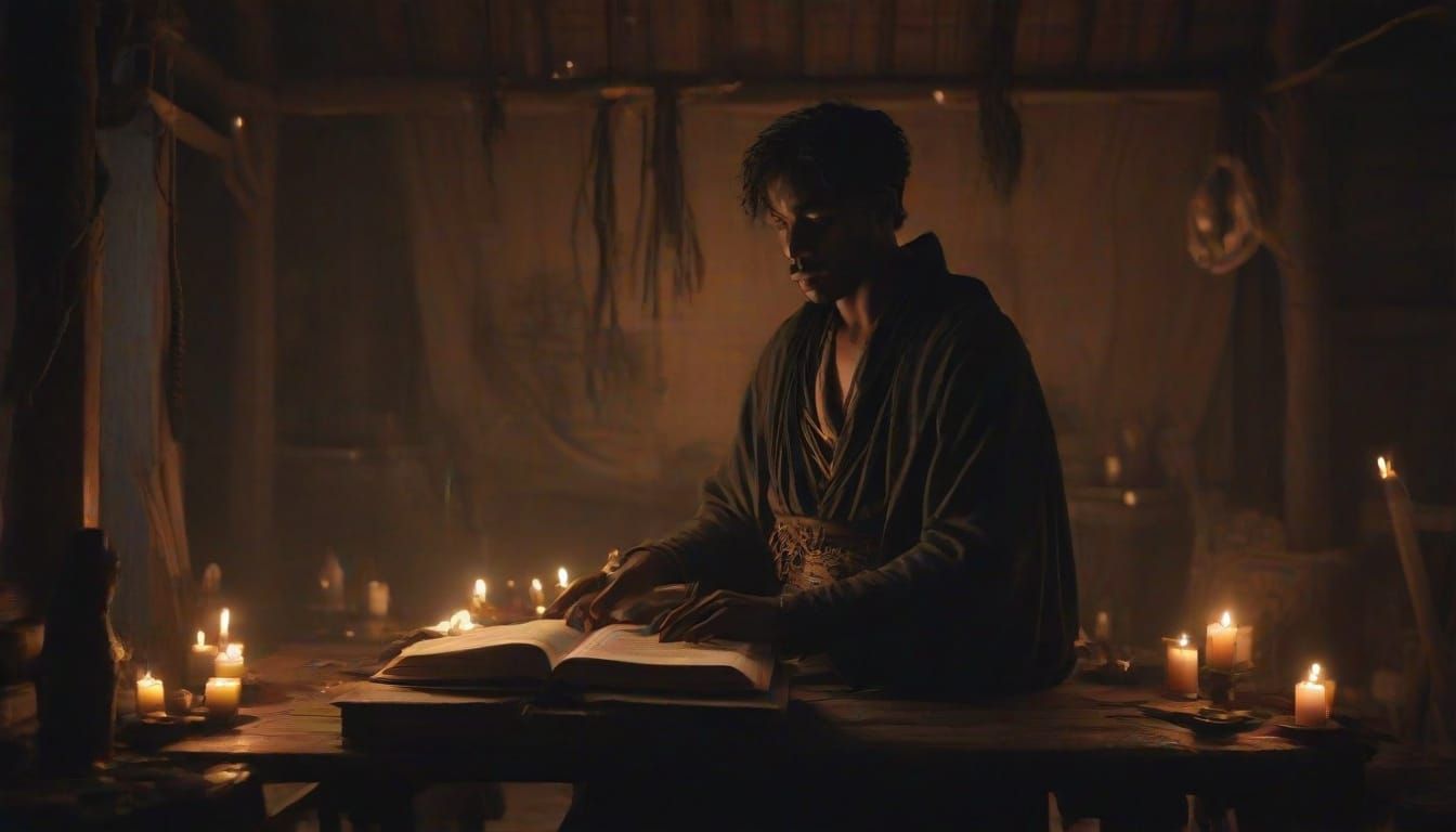 Mysterious Nubian Witch Studies Ancient Tomes in Golden Ligh...