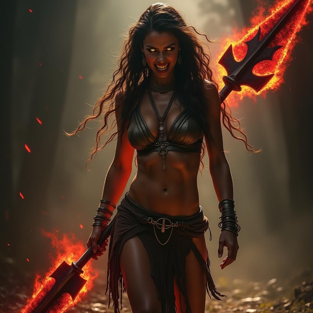 Fierce Gypsy Barbarian with Glowing Spear in Cinematic Style