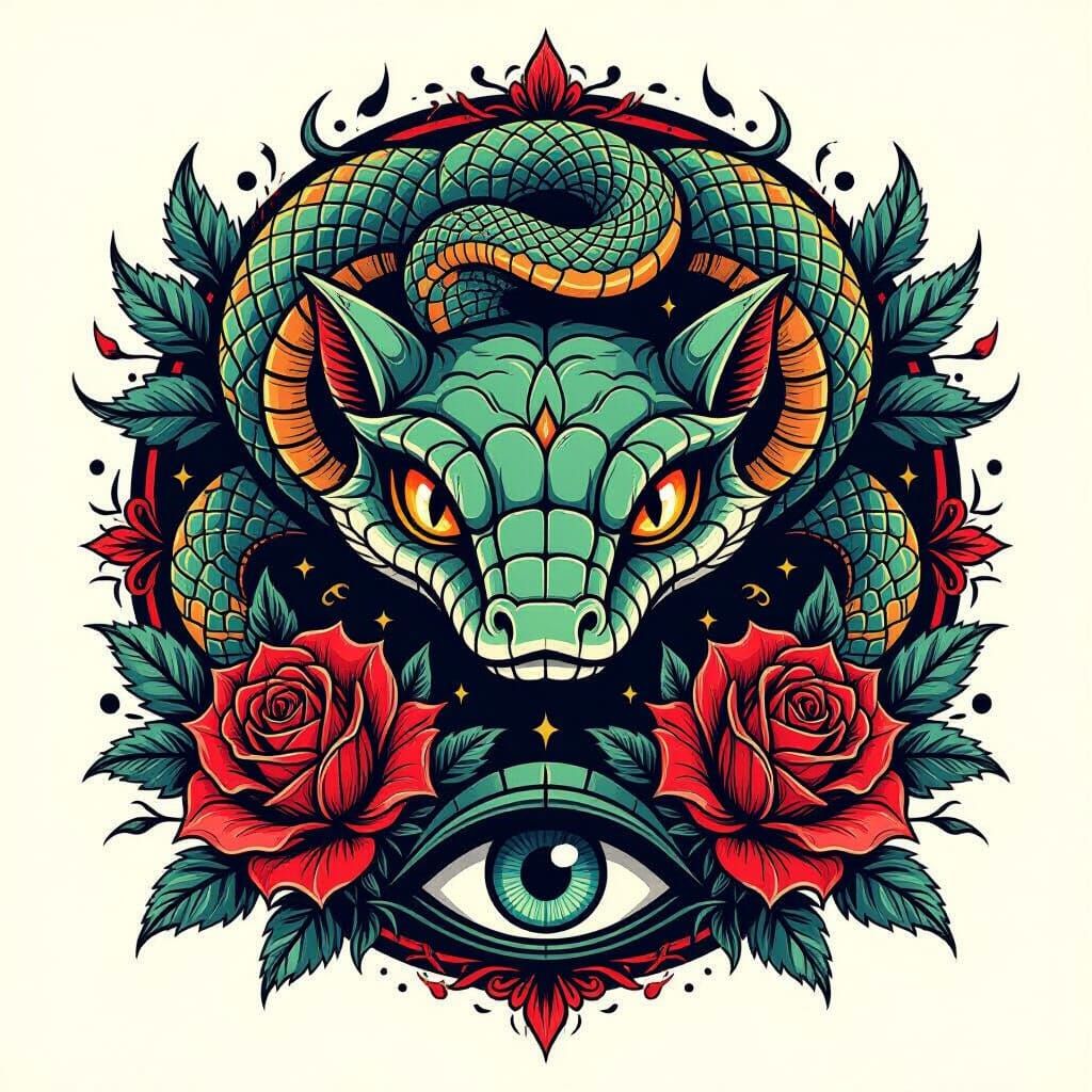 Mystical Snakes, Roses, and Eyes Art
