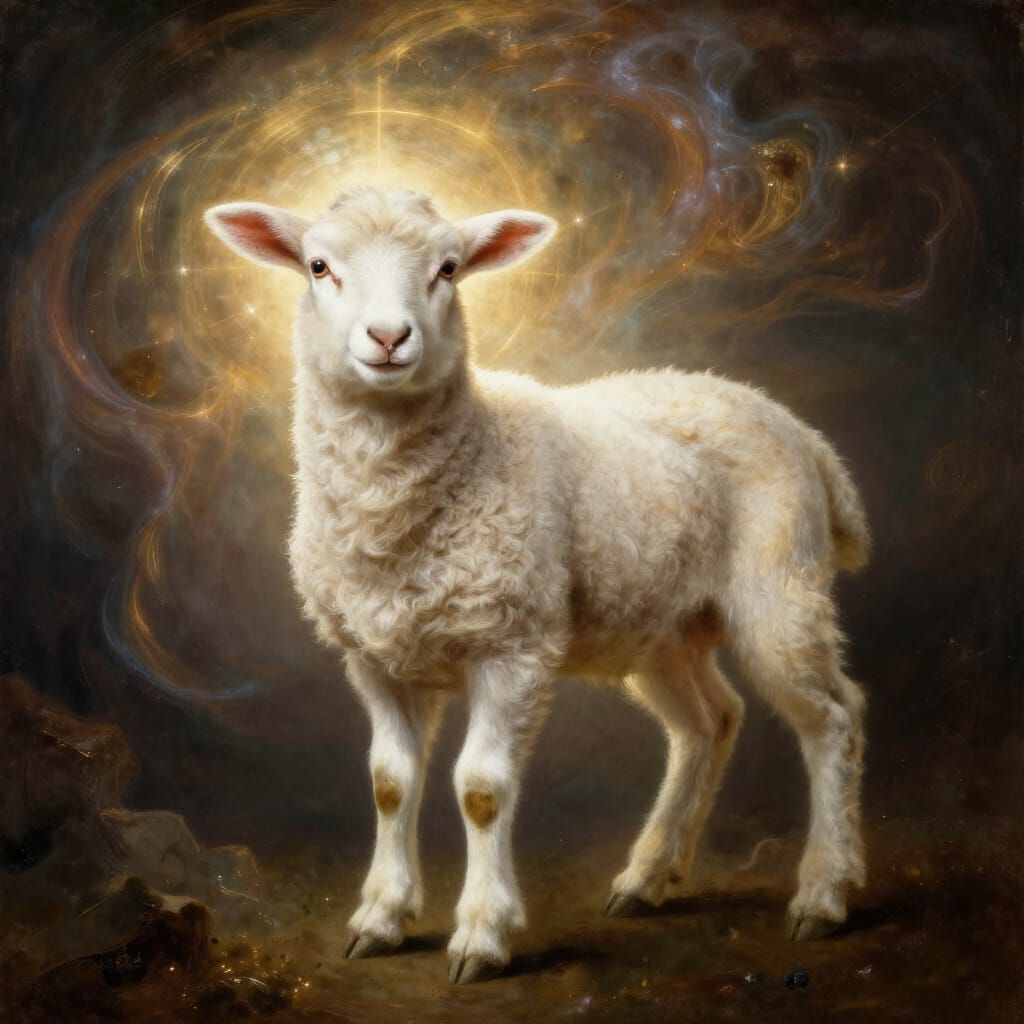 Ethereal Lamb in Cosmic Light, Classical Oil Painting
