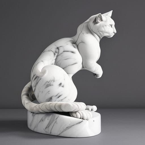 Detailed Marble Cat Sculpture in Black and White