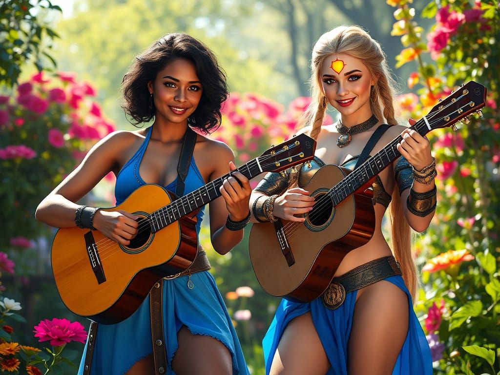 Medieval Fantasy Women Play Guitars in a Sun-Drenched Garden
