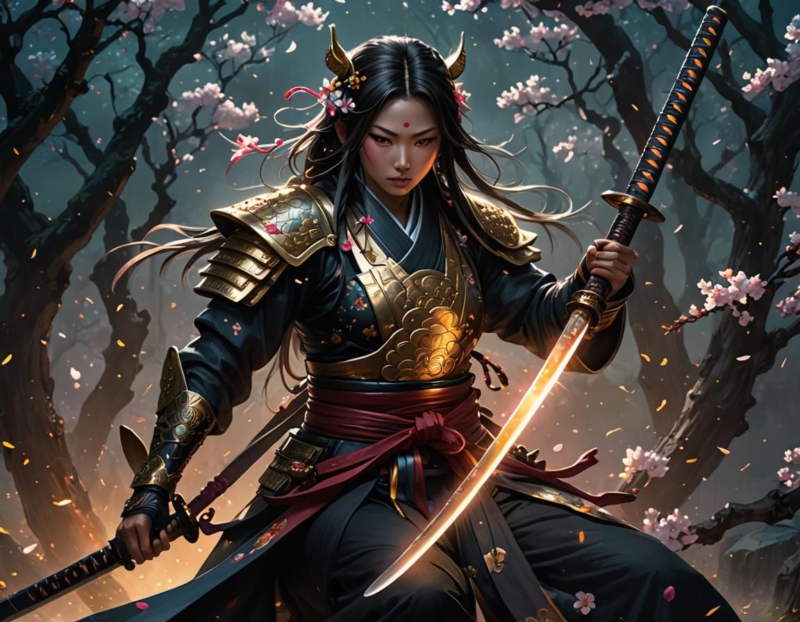 Samurai Woman with Rainbow Cherry Blossoms