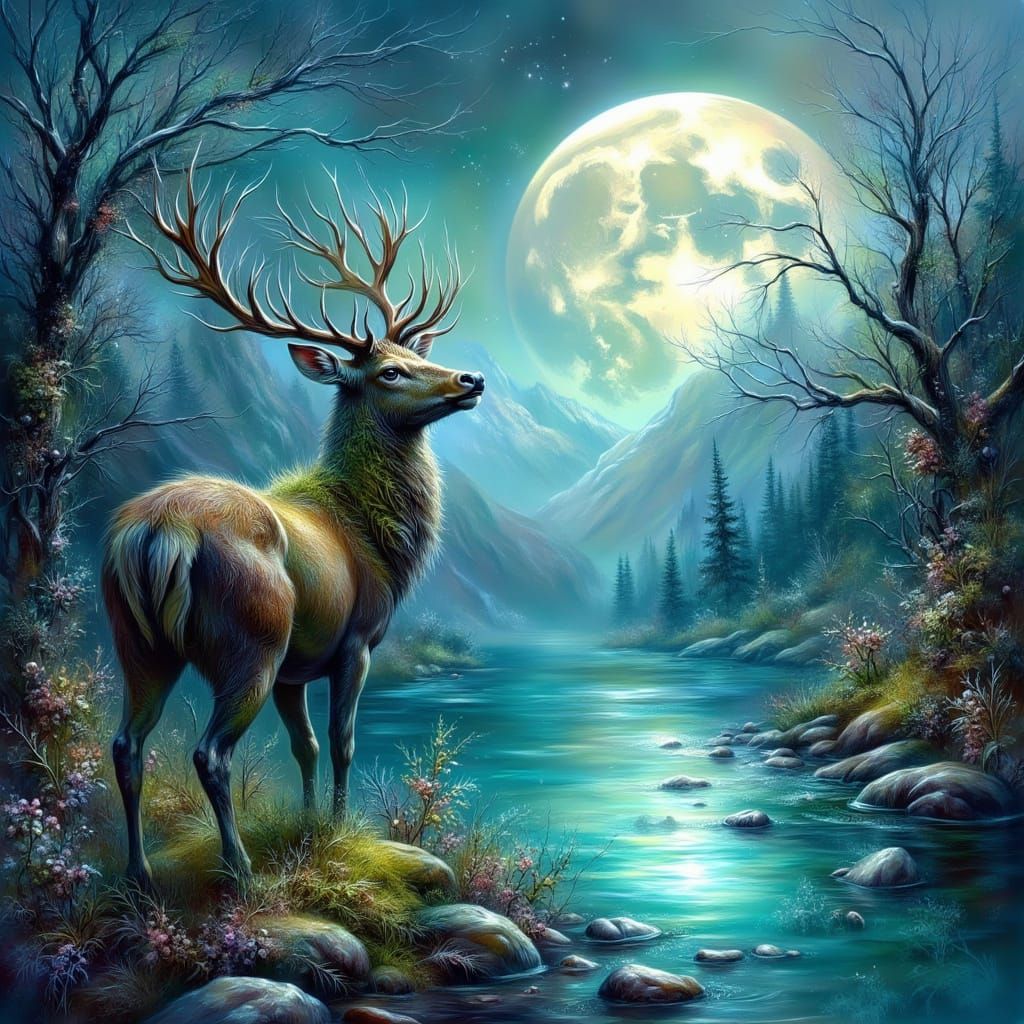 Majestic Deer Basks in Moonlight Under Dark Emerald Forest