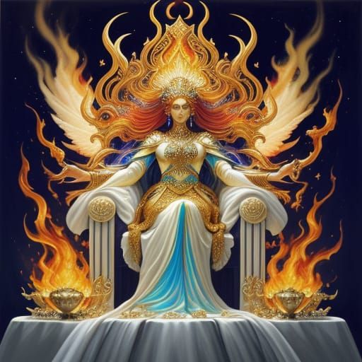 Goddess on Ivory Throne in Surreal Oil Painting