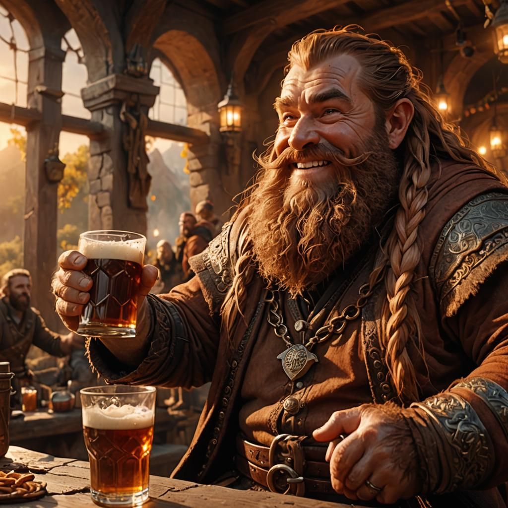 Smiling Dwarf Enjoying Beer in Golden Light