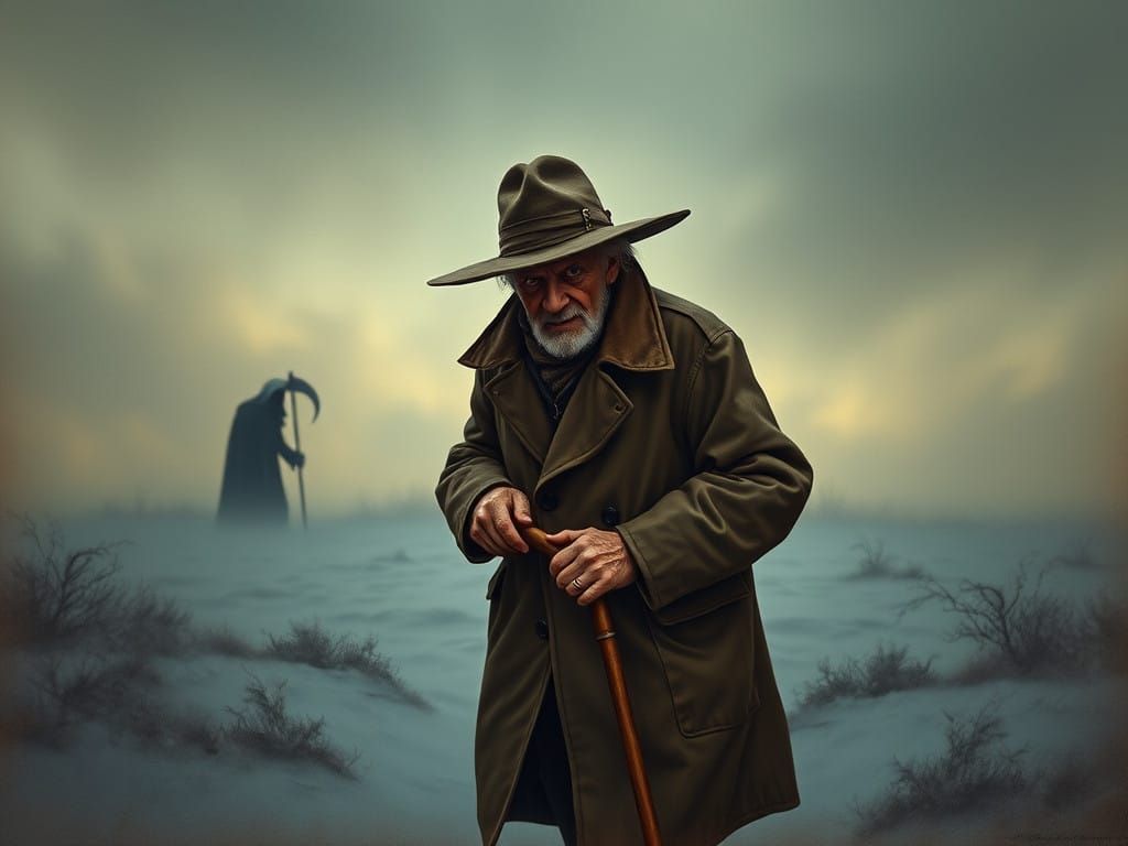 Resolute Old Man Faces Grim Reaper in Winter Storm