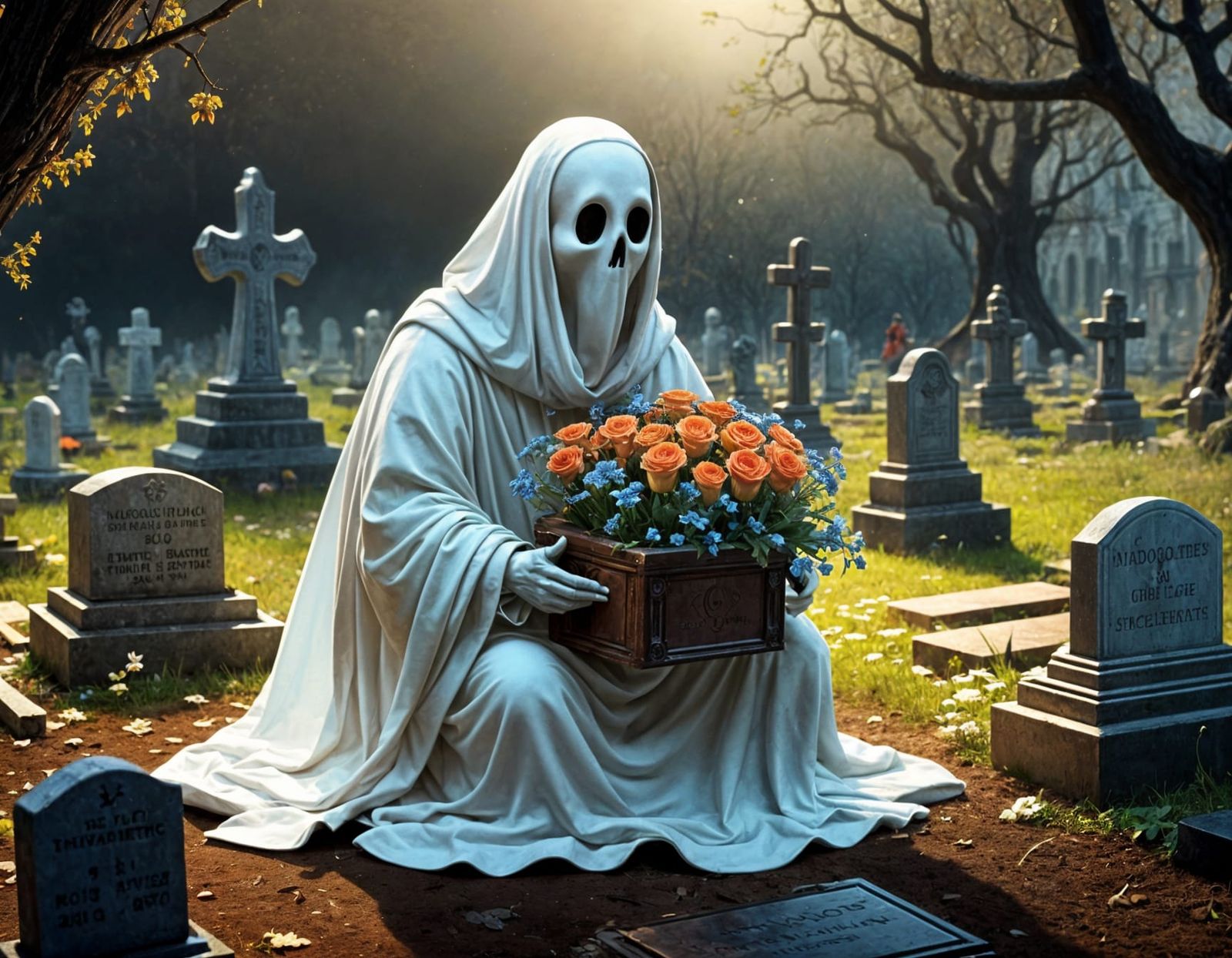 Adorable Ghost Visits Grave with Chocolates and Flowers
