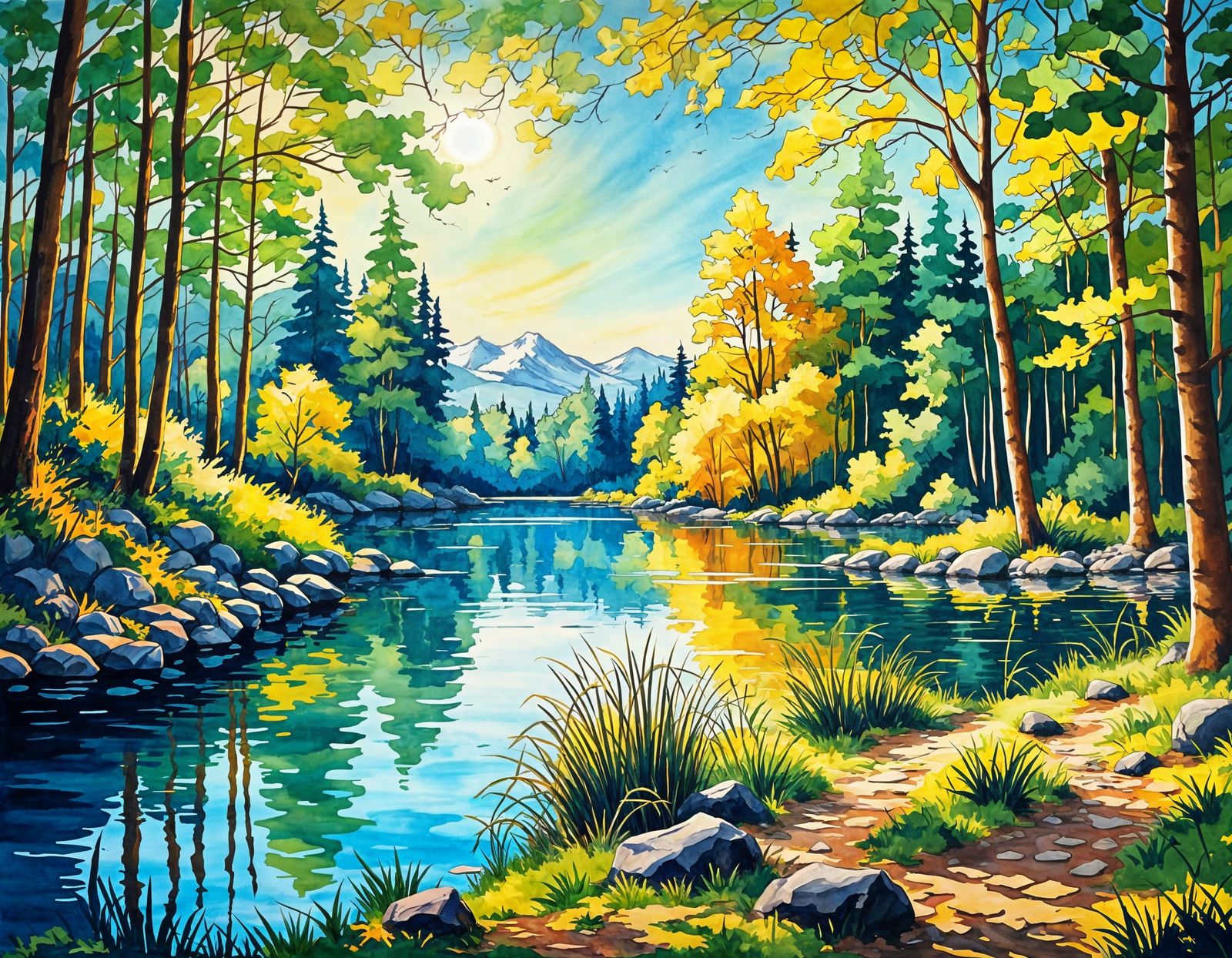 Lake Landscape in Watercolor Style