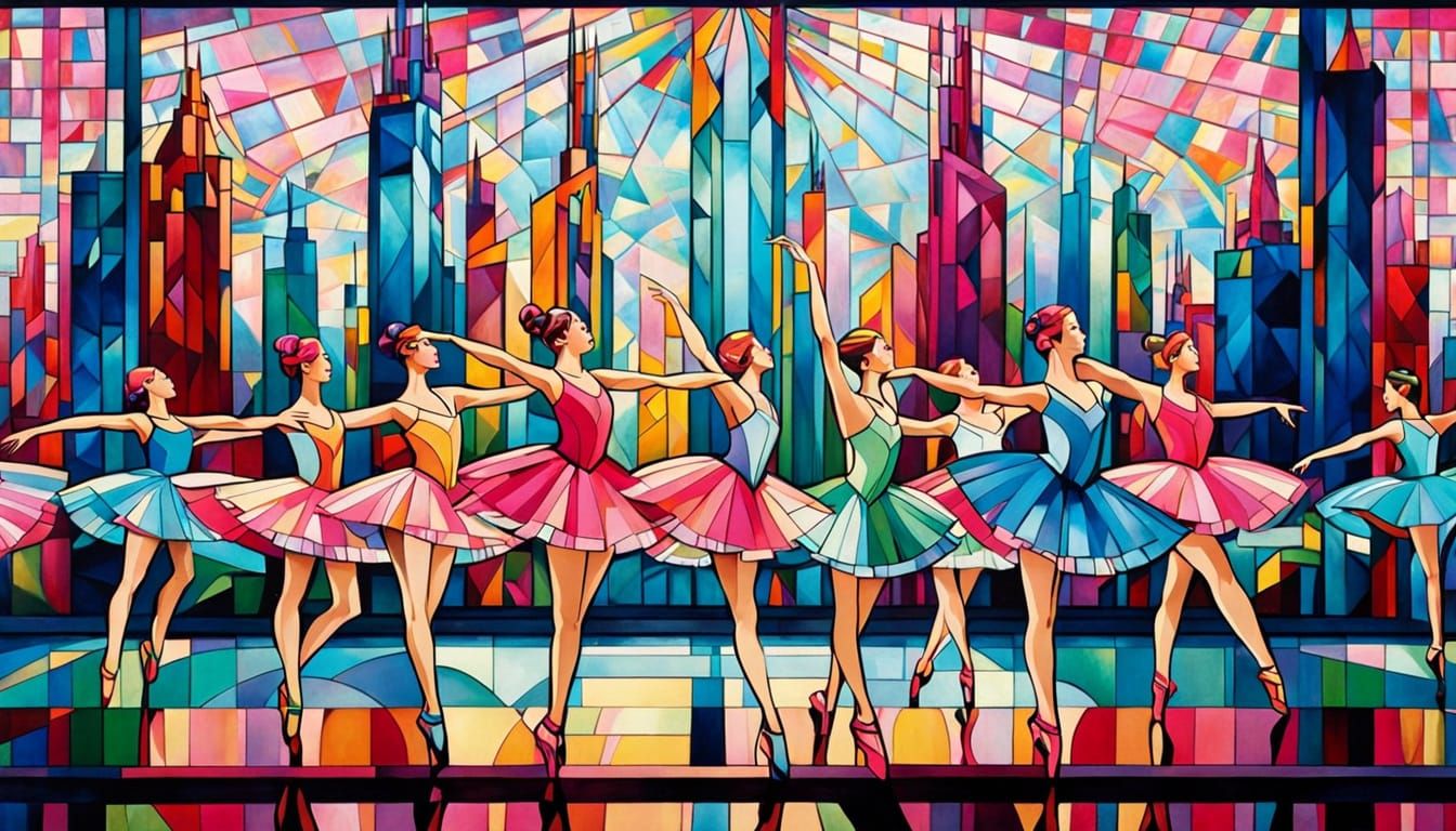 Art Deco Ballet Dancers in Colorful Cityscape Mosaic