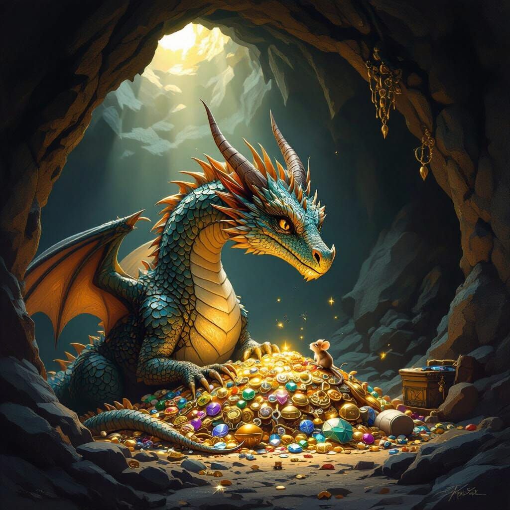 Dragon Guards Treasure with Mouse, Lit by Cave Opening
