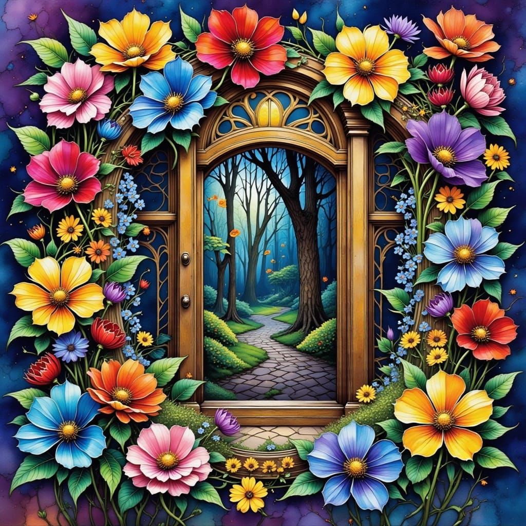 Vibrant Spring Entrance in Whimsical Flux Art Style