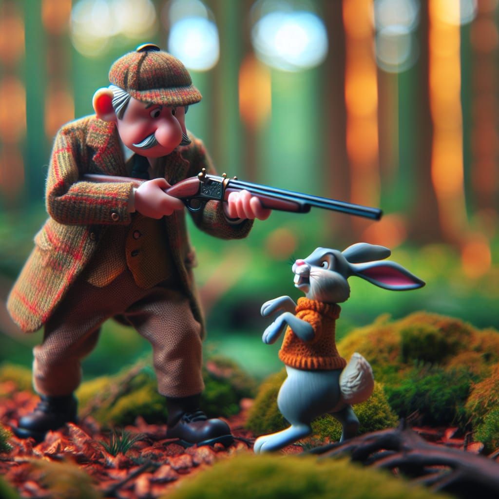 Classic looney tunes scene with Elmer Fudd and Bugs Bunny