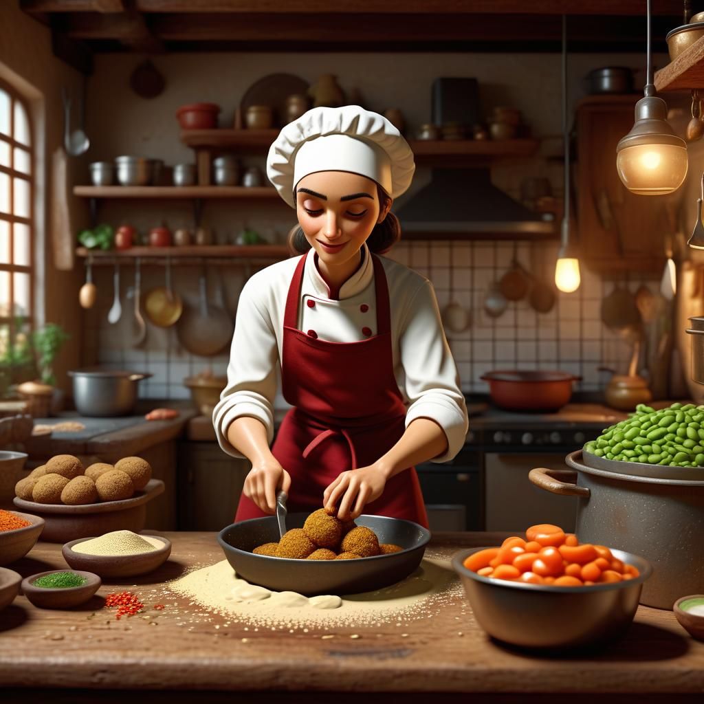 Female Chef Prepares Falafel in Cozy Kitchen