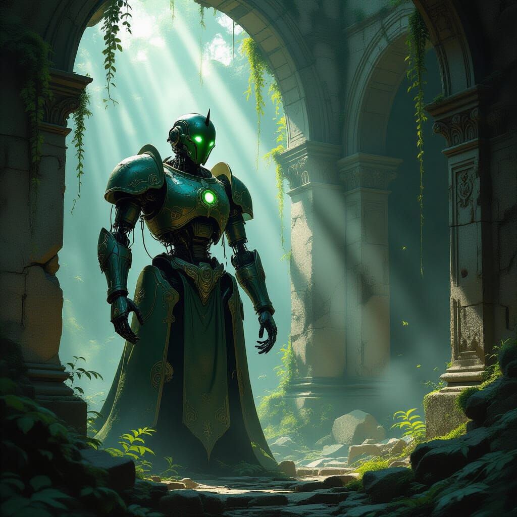 Art Nouveau Automaton Guards Ancient Ruins in Dark Fantasy S...