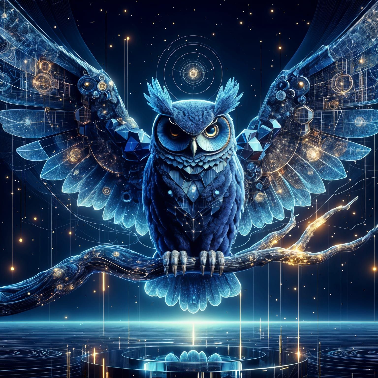 Mechanical Owl on Crystal Branch in Mixed Media Style