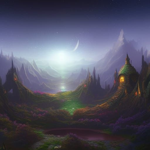 Fantastical Apple Nightsky in Detailed Matte Painting Style