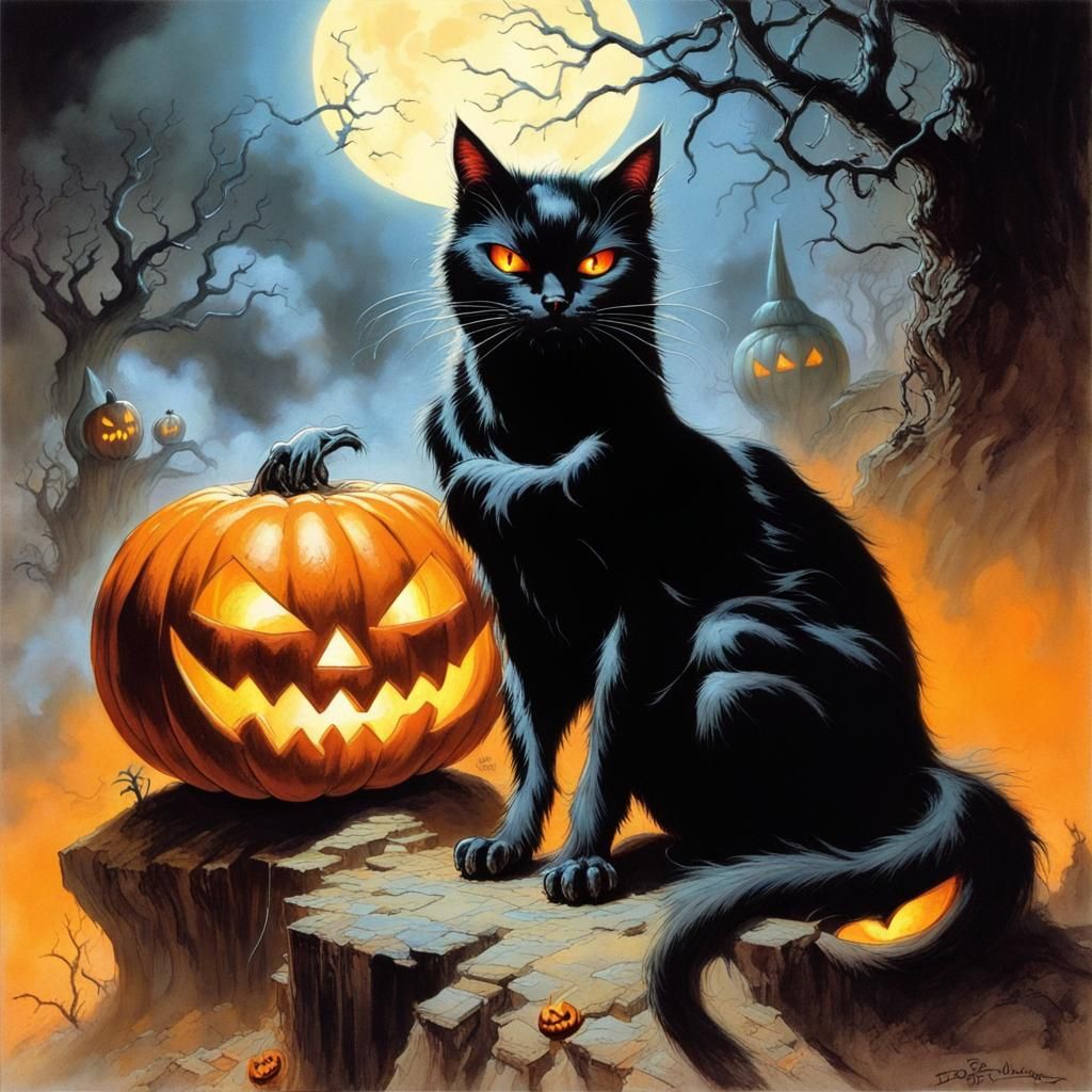 Black Cat and Jack-o-Lantern in Ethereal Halloween Fantasy