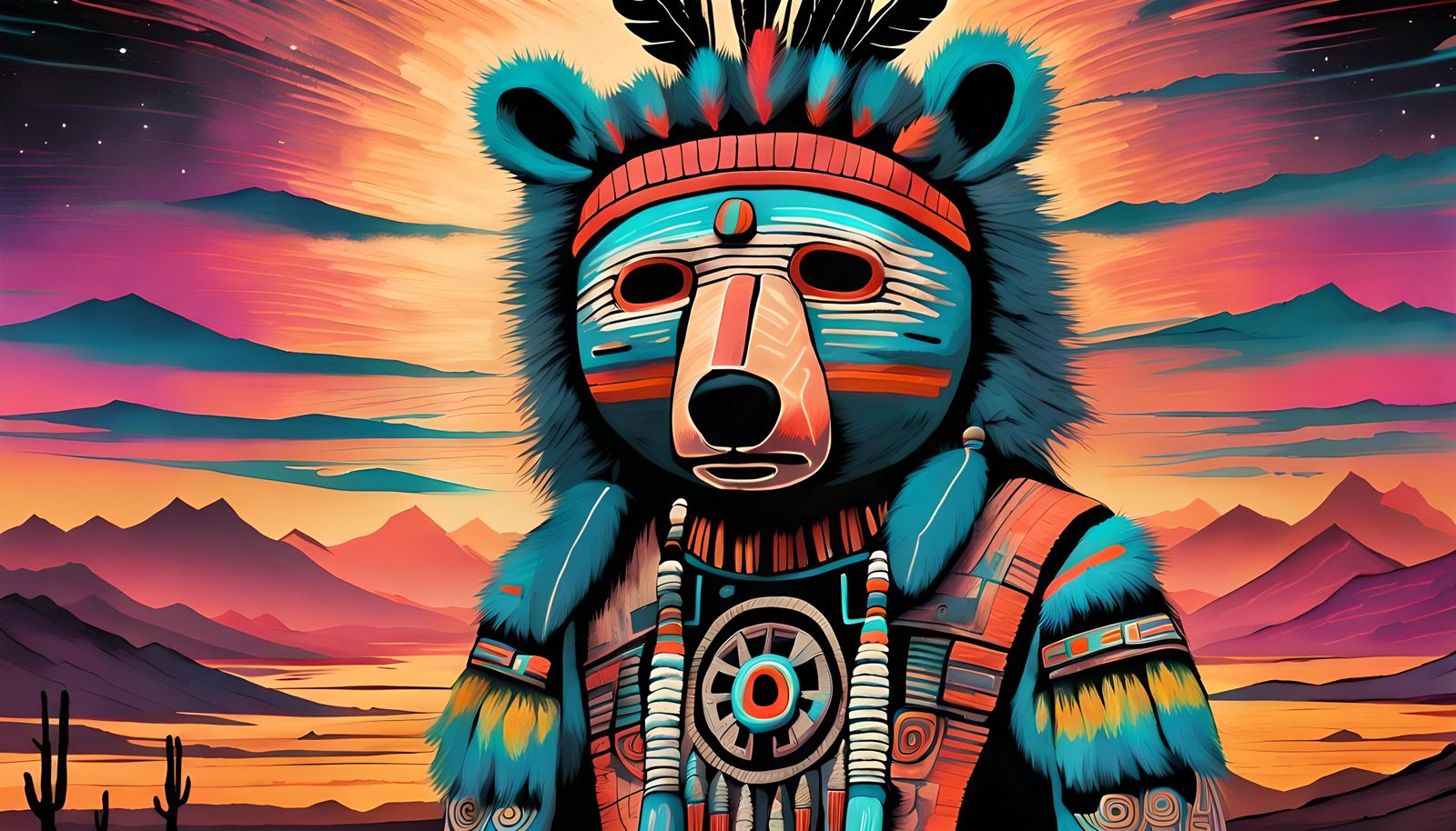 Neon Navajo Bear Kachina Doll Art