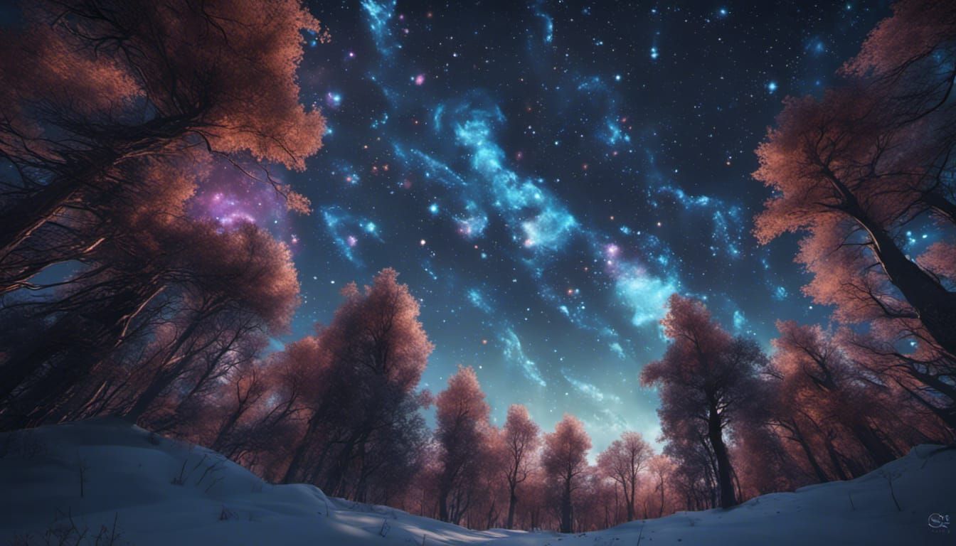 Stained Glass Night Sky Over Winter Forest