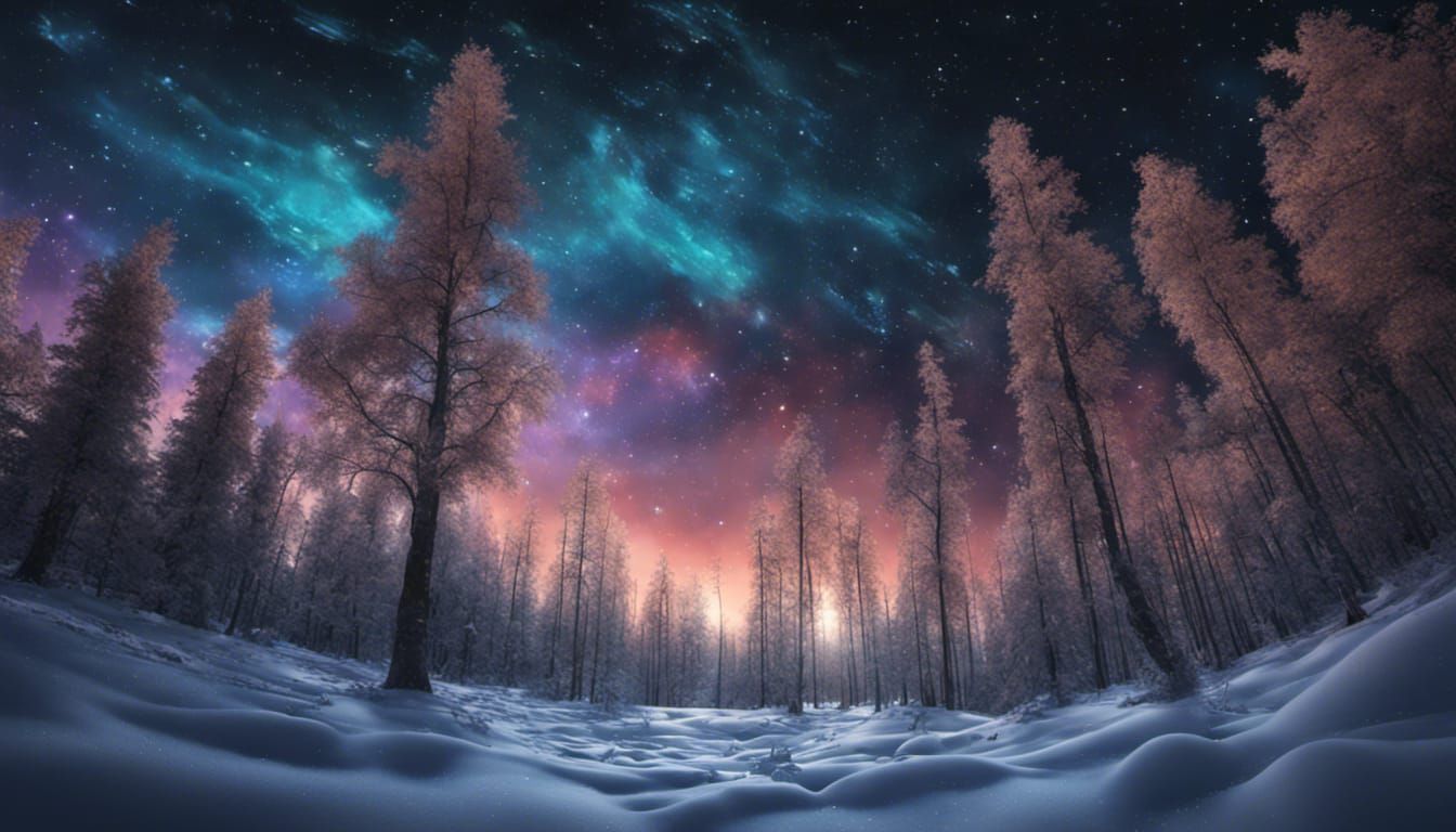 Stained Glass Night Sky Over Winter Forest