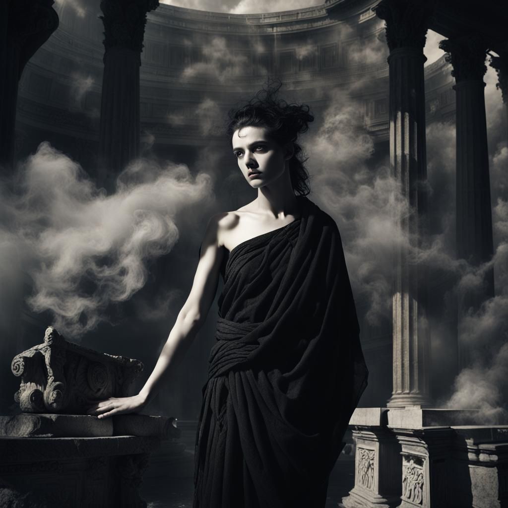 Gothic Model Among Roman Ruins in Amber Light